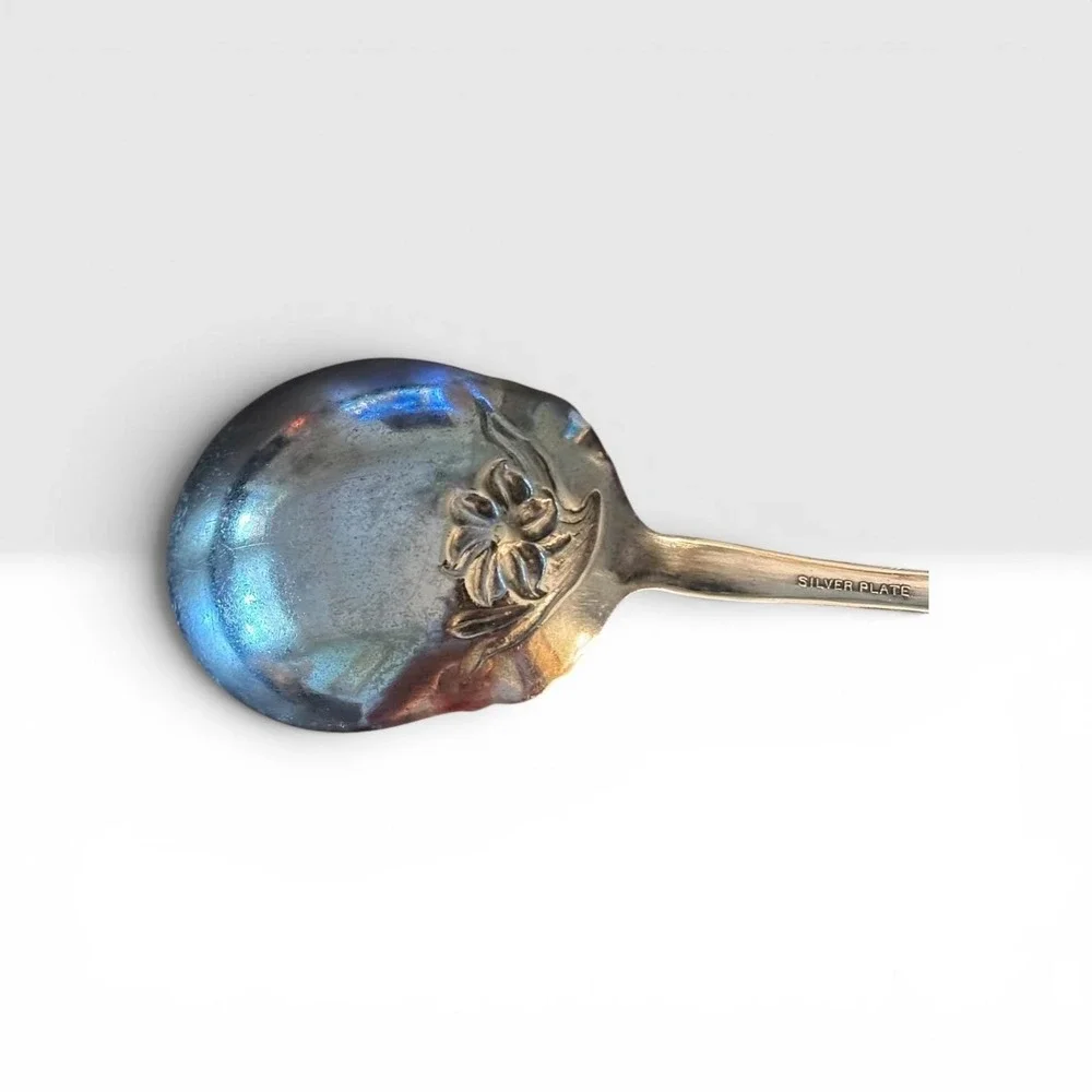 Vintage Art Nouveau Silver Plate Sugar Spoon Floral Lily Scalloped Bowl Serving